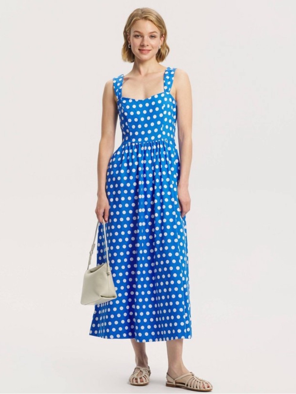 A New Day Blue & White Polka Dot Linen A-Line Wide Straps Midi Dress